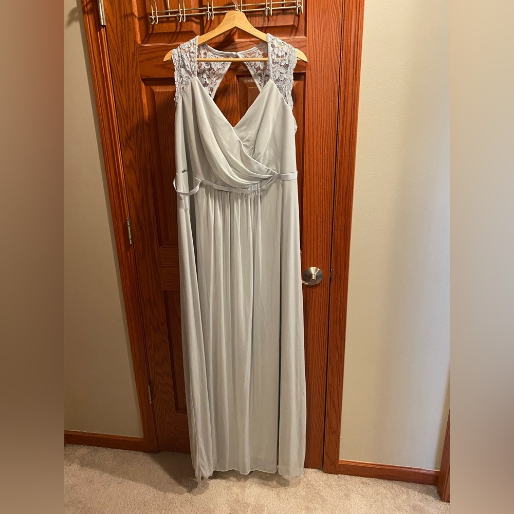 David’s Bridal long mesh dress with lace cap sleeves - MYSTIC color